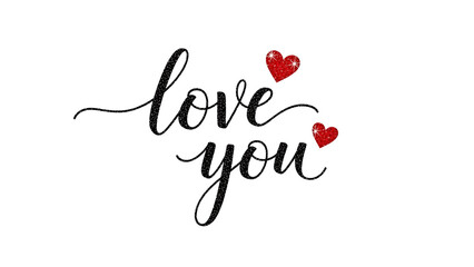 Black script text love you with red glitter hearts