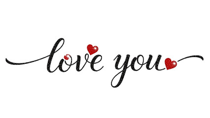 Black script text love you with red glitter hearts 1
