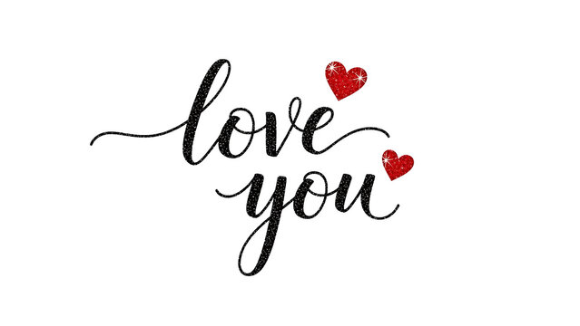 Black script text love you with red glitter hearts - Powered by Adobe