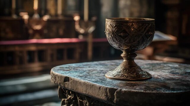 Ancient golden chalice in dim church lighting