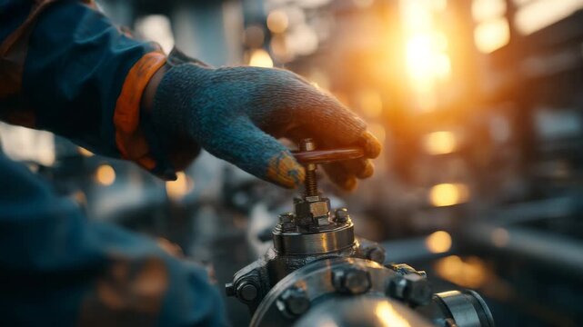 Industrial worker adjusting valve during sunset shift