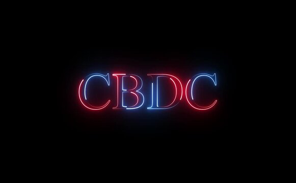 Neon CBDC text icon pulses with electric glow, letters flickering and morphing smoothly, cyber-finance aesthetic, dark background, futuristic motion, clean loop, seamless high-tech luminous rhythm.
