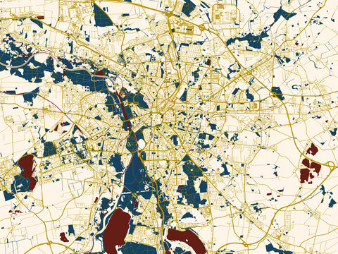 City map of Leipzig, Germany &ndash; dark red water and warm gold roads