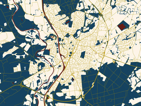Urban map of Lingen, Germany in a flat palette: warm gold street grid over a cream background with bold deep-red water areas