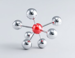 Molecule model central red sphere with silver spheres linked by chrome rods