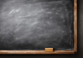 Dark chalkboard surface, traces of chalk dust, wooden frame, eraser on corner