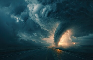 Dramatic tornado touches down near a wet highway with powerful lightning