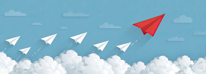 Paper airplanes flying through the sky, one red leading white group