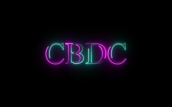 Neon CBDC text icon pulses with electric glow, letters flickering and morphing smoothly, cyber-finance aesthetic, dark background, futuristic motion, clean loop, seamless high-tech luminous rhythm.
