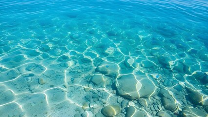 Sunlit underwater view of pristine clear turquoise sea water gently rippling over a textured bed of rocks and sand, evoking tranquility and natural beauty
