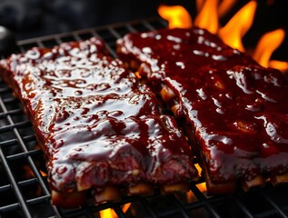 Juicy bbq pork ribs coated in rich sauce cooking on a hot grill with flames