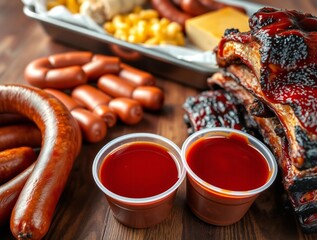 Hearty barbecue feast with smoked meats sausages and sauces