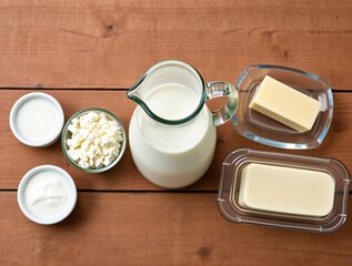 Dairy products including milk butter and cottage cheese on a wooden table