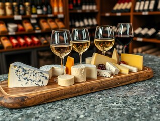 Gourmet cheese platter with white wine glasses in a wine cellar