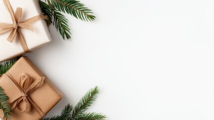 Two craft-paper gift boxes with ribbons sit beside pine sprigs on a white background, festive! and calm today