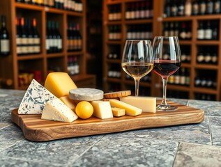 Gourmet cheese platter with wine glasses in a wine cellar setting