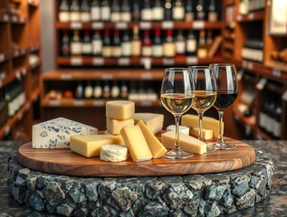 Gourmet cheese platter with wine glasses in a wine cellar