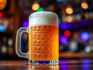 Cold frothy beer in a glass mug on a bar counter with bokeh lights