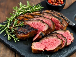 Juicy grilled ribeye steak sliced and garnished with fresh rosemary herb