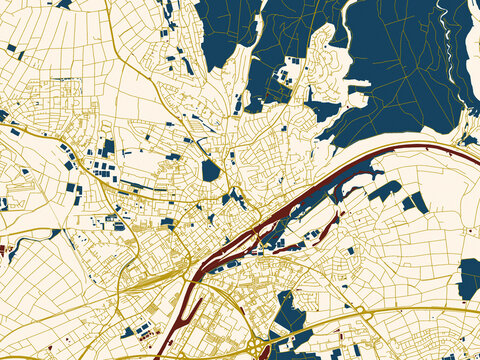 Flat city map of Schweinfurt, Germany in gold street network with deep red water