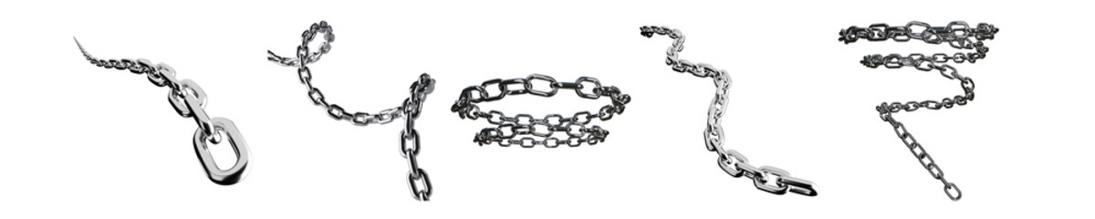 glossy 3d chrome chains in various twisted and linked formations, symbolizing strength, connection,...