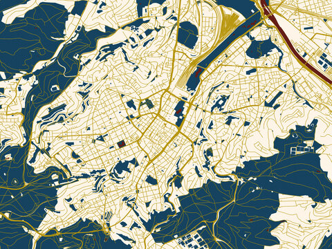 Minimalist map of Stuttgart, Germany, gold street network with deep red water