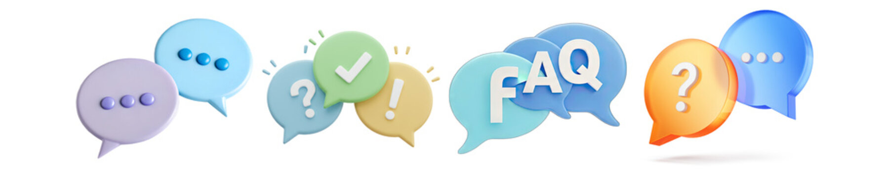 collection of vibrant 3d speech bubble icons featuring dots, question, exclamation, and faq, for communication concepts.