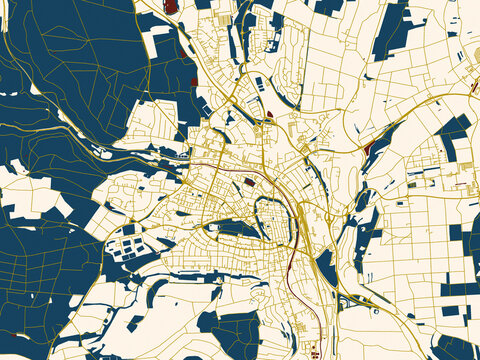 Abstract city map of Villingen, Germany with cream map with gold lines