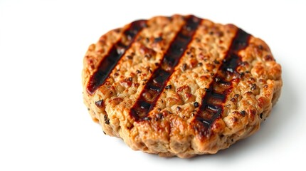 Juicy grilled burger patty with prominent grill marks on a white background