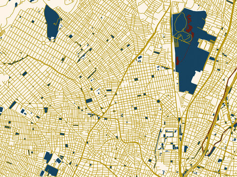 Flat city map of GRE, Ilion &mdash; deep-red water with clean ivory streets and warm gold road lines on a soft cream background