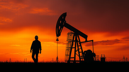 Oil industry worker and pump jack silhouette against a dramatic sunset sky, representing energy production, fossil fuels, and petroleum extraction.