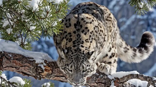 Snow Leopard on a Snowy Branch - A stunning snow leopard crouches low on a snow-covered branch, its distinctive spotted fur blending with the winter landscape.
