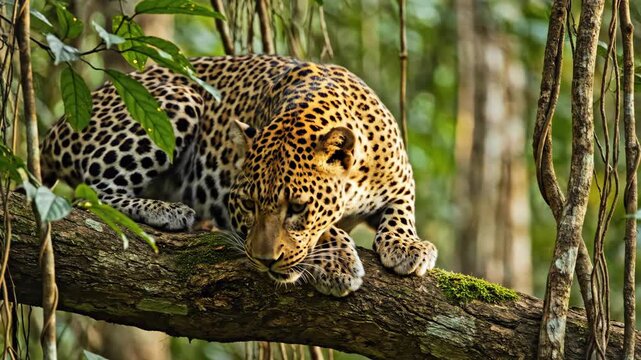 Leopard Resting in Jungle Tree - A leopard is resting on a mossy tree branch, looking at the viewer with a soft gaze. Lush green jungle foliage and hanging vines surround the relaxed animal.