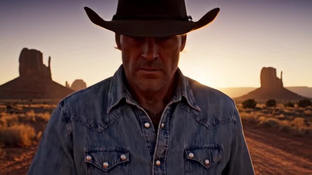 Cowboy in Monument Valley at Sunset - A cowboy wearing a denim shirt and cowboy hat stands in Monument Valley at sunset. He is looking down, seemingly lost in thought.