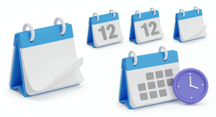 Set of blue desktop calendar icons with a clock symbol representing time management and scheduling.