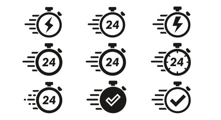 Set of fast delivery and 24 hour service icons with stopwatch and check mark symbols.