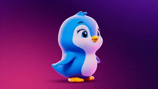 Adorable 3D Rendered Blue Penguin Character with Purple Gradient Background