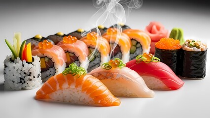 An exquisite assortment of fresh Japanese sushi and sashimi, including salmon and tuna nigiri, maki rolls with roe, and ginger, artfully arranged on a pristine white background with subtle steam.