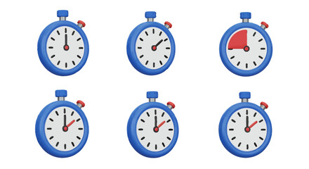Set of six blue stopwatches showing different elapsed times and countdowns.