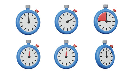 Set of six blue stopwatches showing different elapsed times.