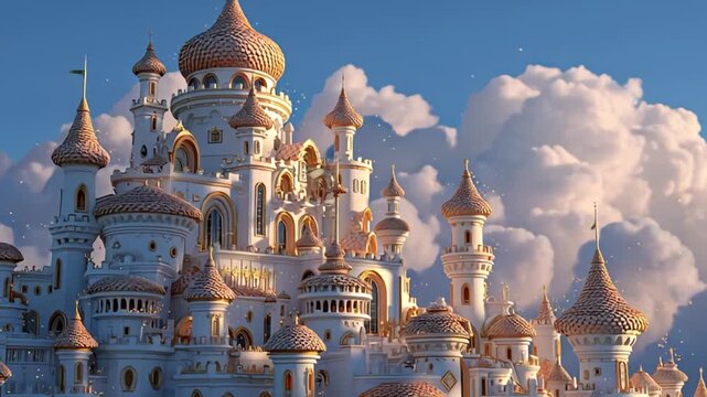 A majestic castle with multiple towers and domes rising above the clouds in a serene blue sky