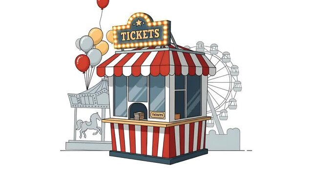 Amusement Park Ticket Booth With Ferris Wheel and Carousel