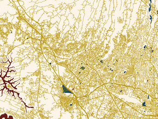 Naklejka premium Decorative abstract map of Cimahi, Indonesia, featuring deep-red water with clean ivory streets and warm gold road lines on a soft cream background