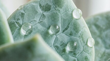 Macro Succulent Leaf with Water Droplets and Texture