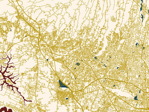 Decorative abstract map of Cimahi, Indonesia, featuring deep-red water with clean ivory streets and warm gold road lines on a soft cream background