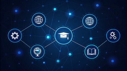 online education network with icons of globe and graduation cap connected