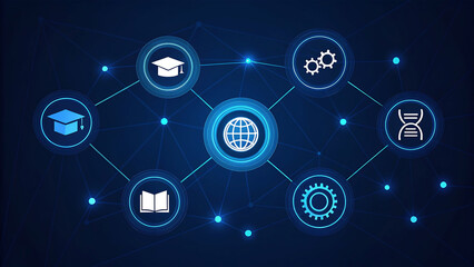 a network of interconnected education and technology icons on a dark blue background