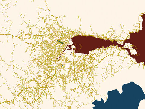 Modern graphic street map of Kendari, Indonesia, with cream-toned city field with gold linework streets and deep red waterways for strong contrast