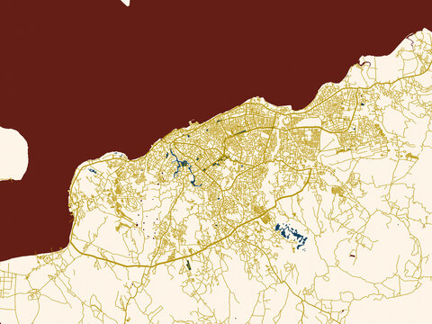 Modern graphic street map of Kupang, Indonesia, with minimal ivory map base with golden roads and dark red water bodies in a modern flat style
