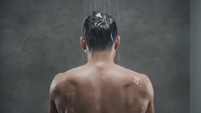 Man showering from behind, water flowing over his head and bare back.